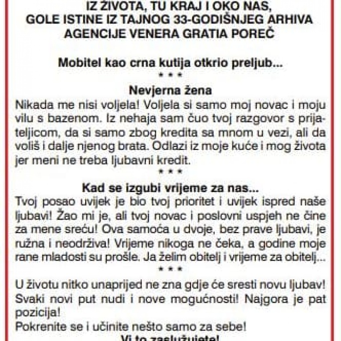 Gole istine iz života tu kraj i oko nas poslije ljubavnog k(raja)...i crtice iz istinitih ispovijedi od 1989.godine iz tajnog  arhiva ureda Agencije Venera Gratia u Poreču